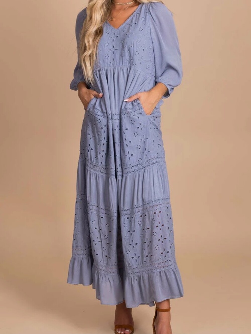 Listicle Blue Eyelet Maxi Dress with Puff Sleeves